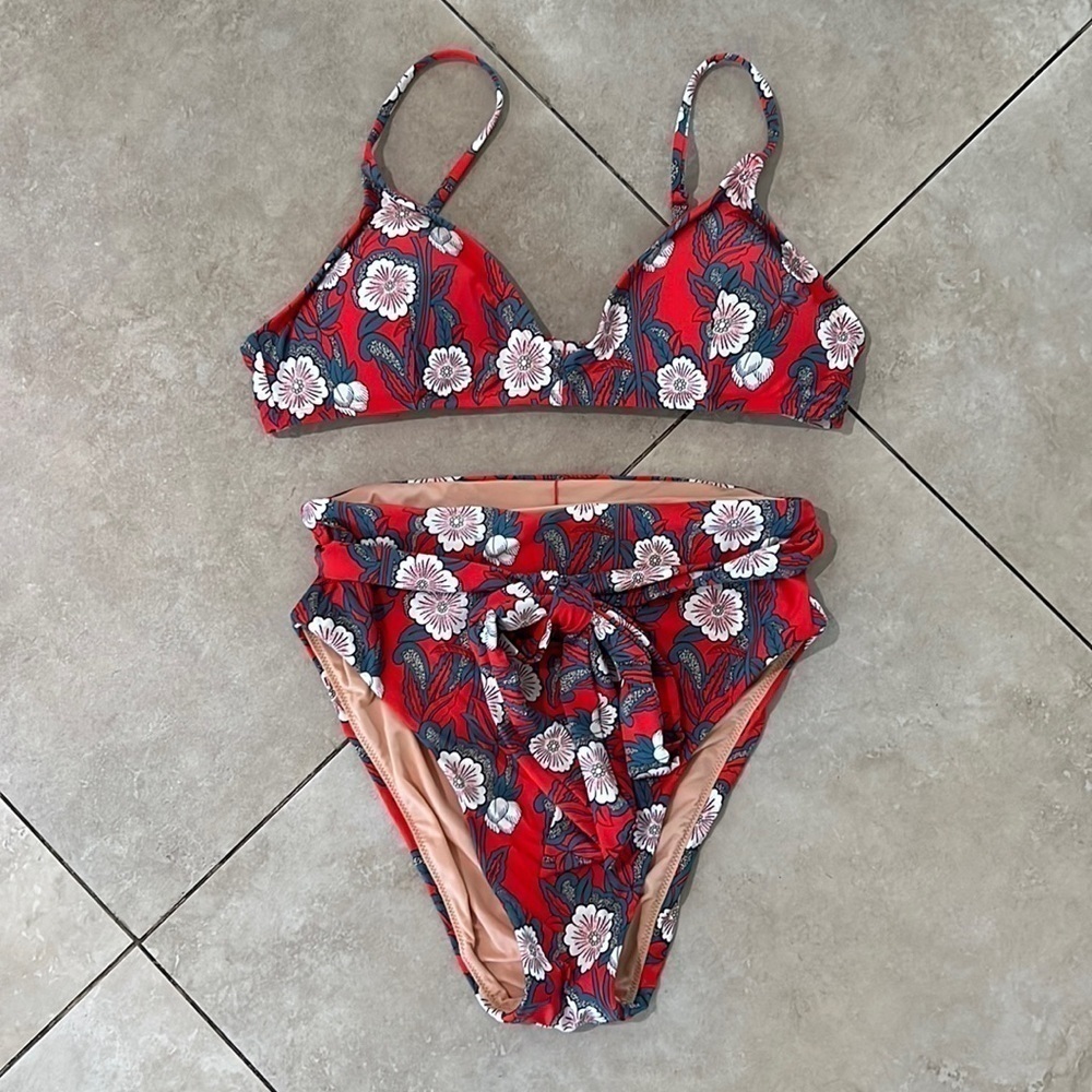 J Crew Poppy Print Red High Waist Bikini - Top is MEDIUM, BOTTOM is X-SMALL